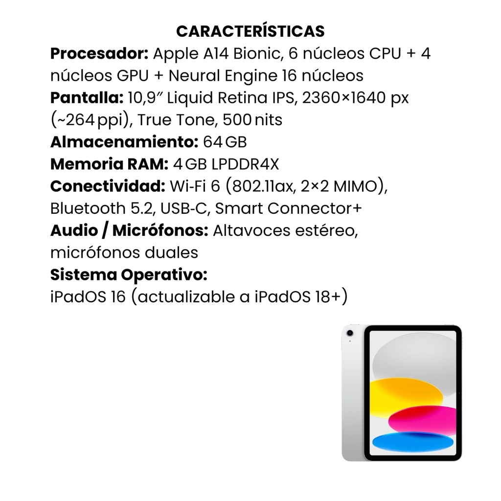iPad Apple Wi-Fi de 10,9 pulgadas y 64 GB - Plata