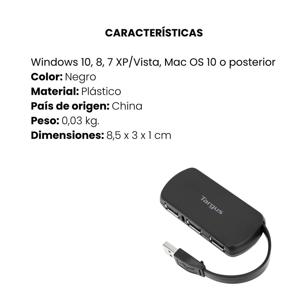 Hub Targus Negro 4 Puertos USB 2.0 Conectividad Expandida 