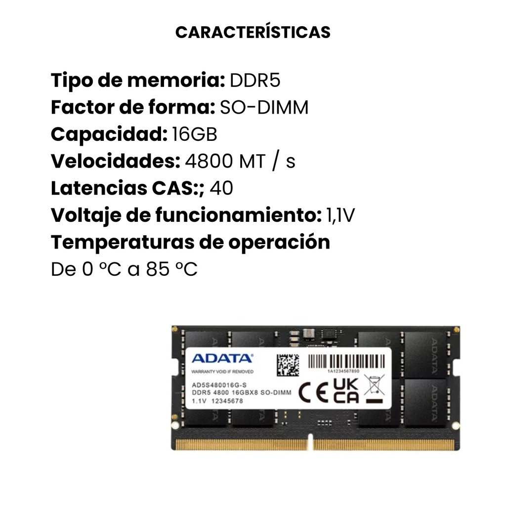 MEMORIA RAM PARA PORTÁTIL ADATA 16GB DDR5 4800 Mt/s