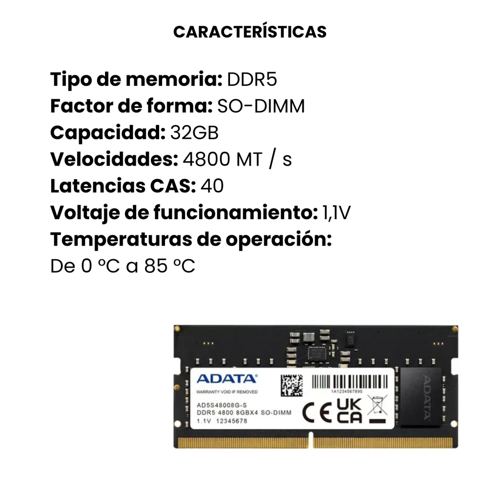 MEMORIA RAM PARA PORTÁTIL ADATA DDR5 32GB 4800 Mt/s 