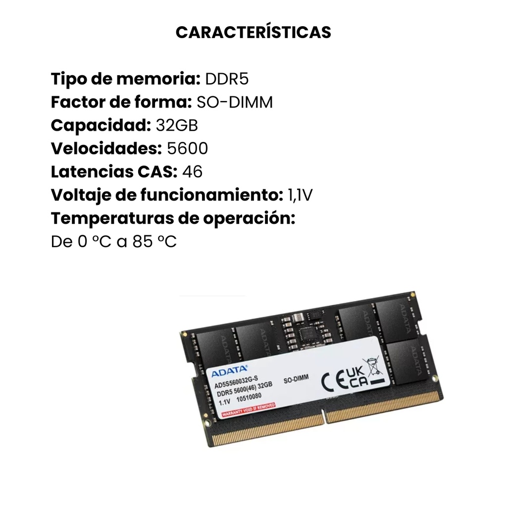 MEMORIA RAM PARA PORTÁTIL ADATA 8GB DDR5 4800 MT/s 1 MÓDULO 