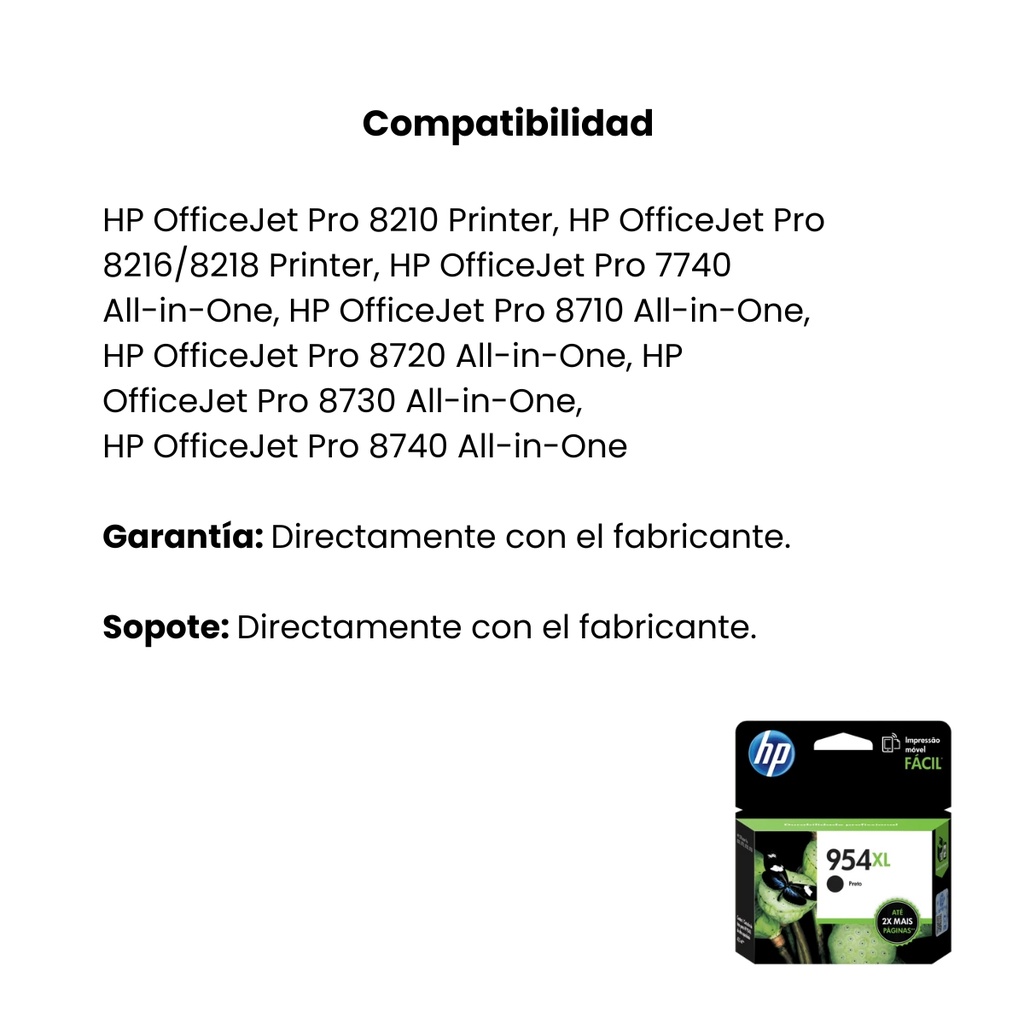 Cartucho Original De Tinta Hp 954xl Alto Rendimiento Negra, 2.000 Páginas, 42.5 ml
