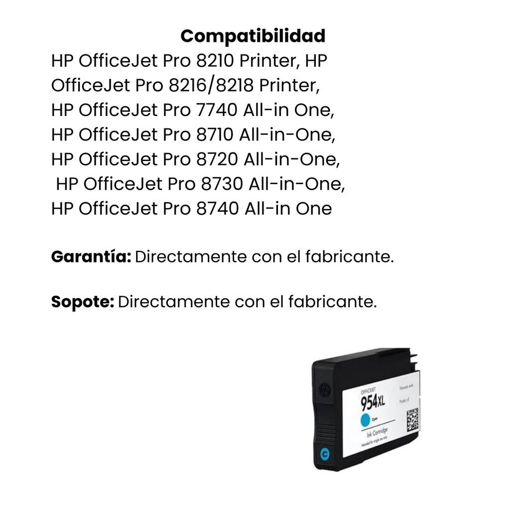 Cartucho Original De Tinta Hp 954xl Alto Rendimiento Cian, 1.600 Páginas, 20 ml