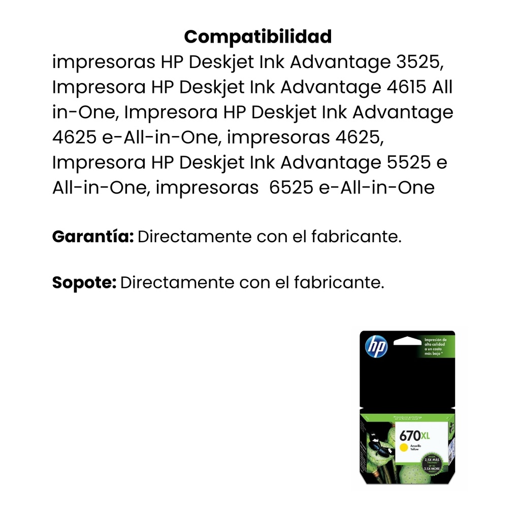 Cartucho Original De Tinta Hp 670xl Alto Rendimiento Amarillo, 750 Páginas, 9 ml
