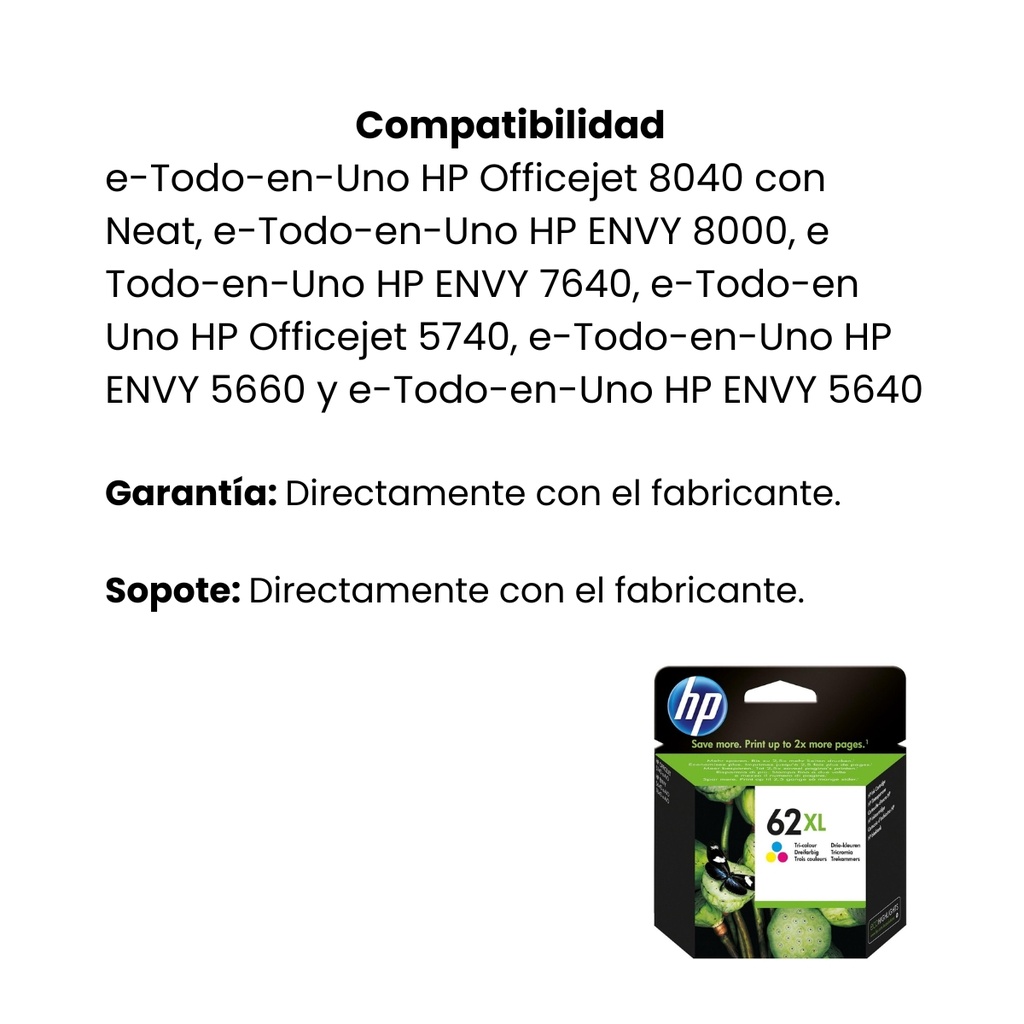 Cartucho Original De Tinta HP 62XL Tricolor De Alto Rendimiento 415 Páginas 11.5 ml