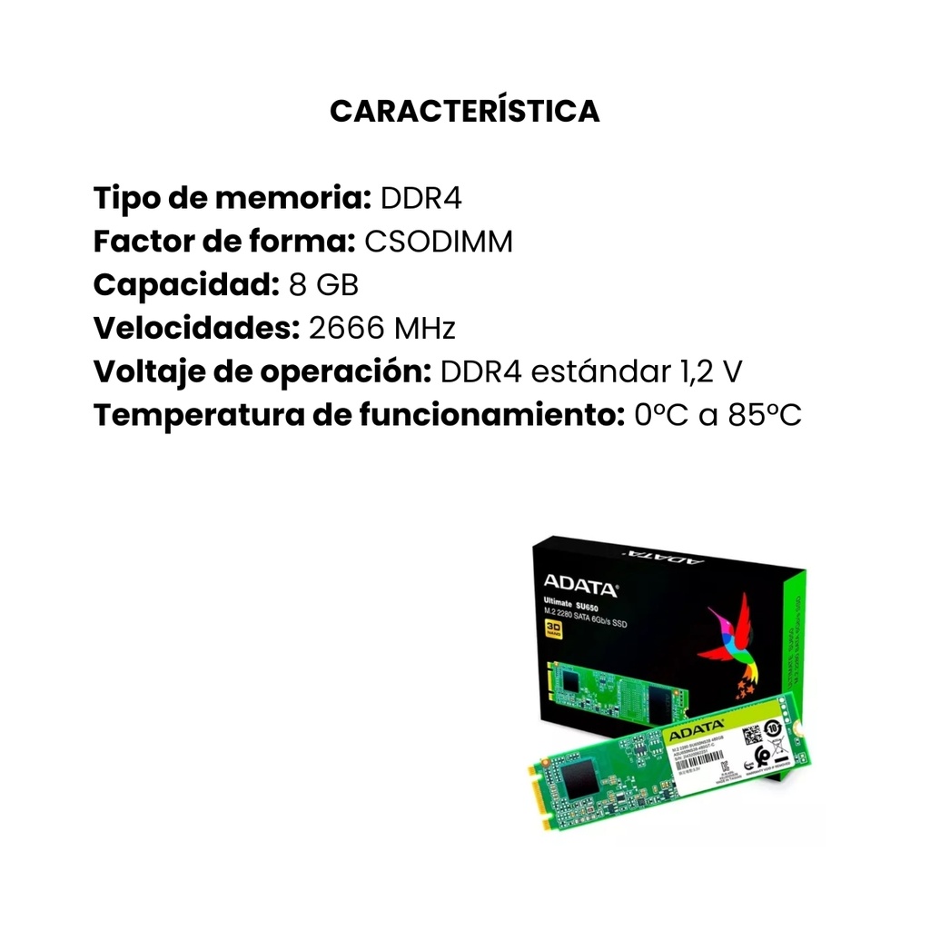 Memoria Ram Adata Portatil para portatil 8gb AD4S266638G19-S