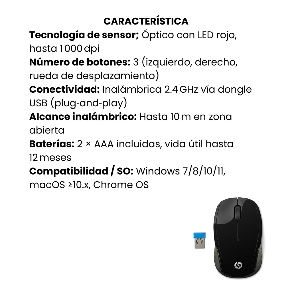 Mouse Hp Inalámbrico 200 Negro