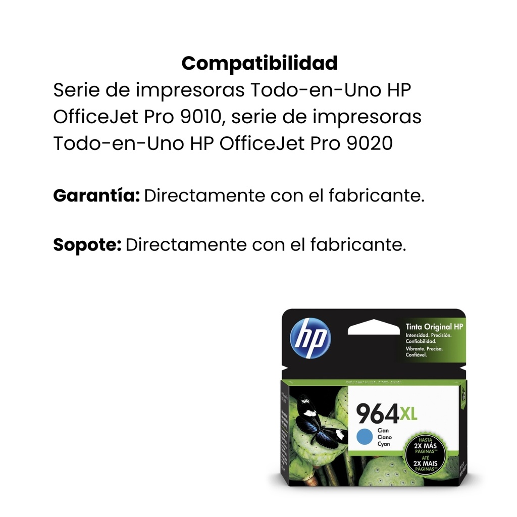 Cartucho Original De Tinta Hp 964xl Alto Rendimiento Cian, 1.600 Páginas, 22.77 ml