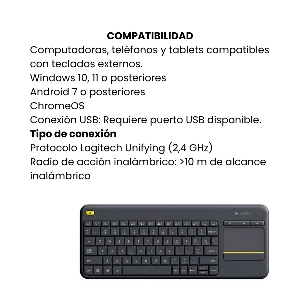 Teclado Inalámbrico LOGITECH K400 Plus Con TouchPad Negro