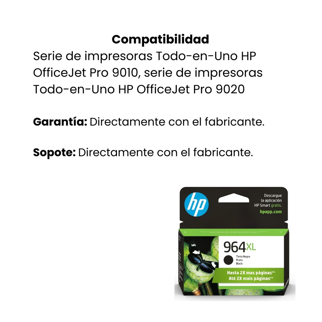 Cartucho Original De Tinta Hp 964XL Alto Rendimiento Negro, 2.000 Páginas, 47.86 Ml