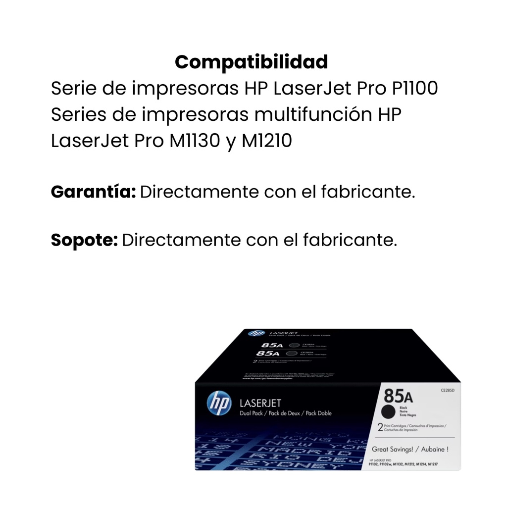 Cartucho Original De Tóner Hp 85A Negro Dual, 1.600 Páginas
