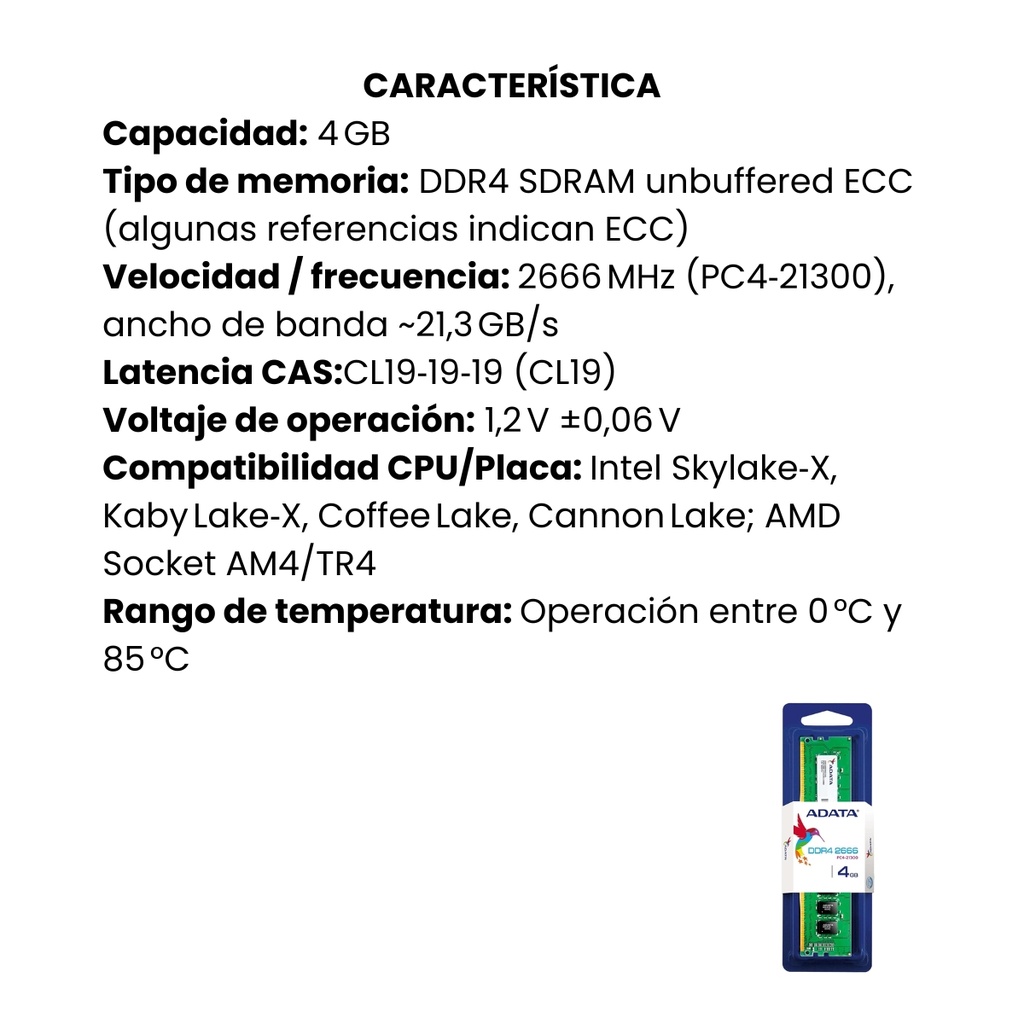 Memoria Ram Adata Pc 4gb AD4U2666W4G19-S