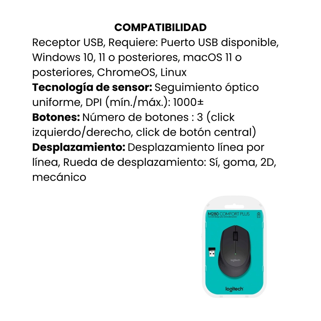 Mouse Inalámbrico Logitech M280/LAT- - Negro