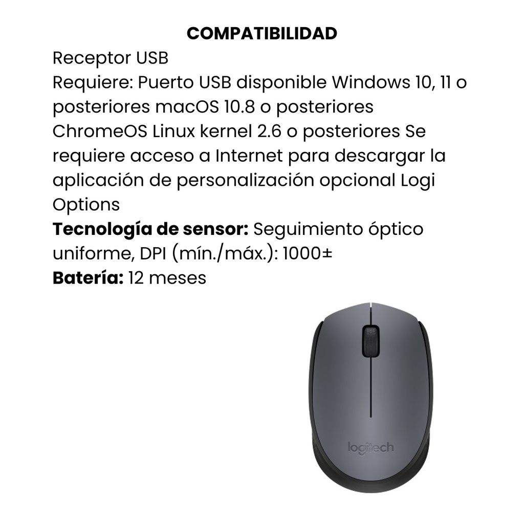 Mouse Inalámbrico Logitech M170 Gris con Conexión USB