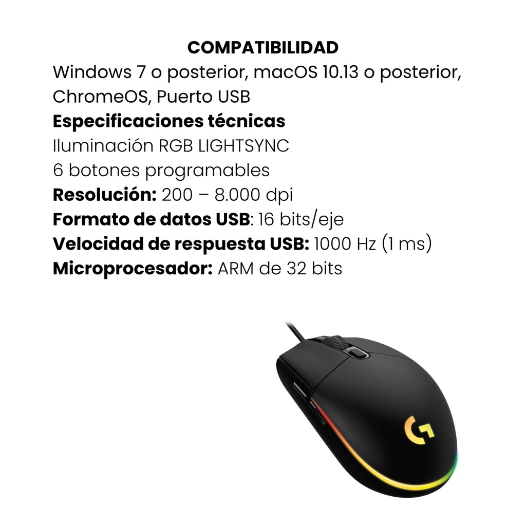 Mouse Gamer Logitech G203 Lightsync Negro con Iluminación Personalizada