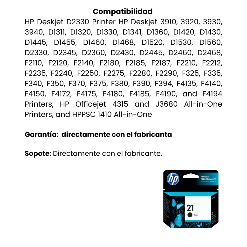 Cartucho Original de tinta HP 21 Negro, 190 Páginas, 5 ml