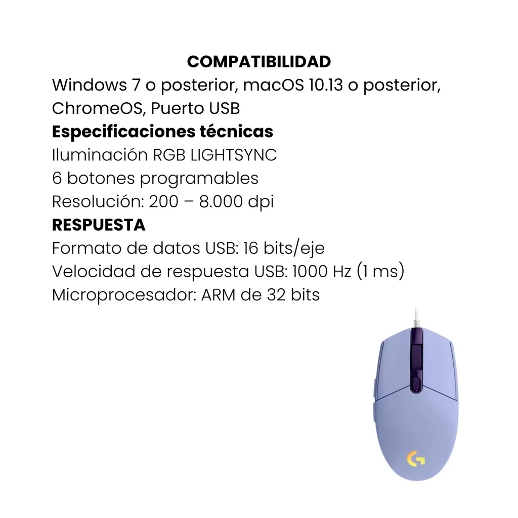 Mouse Gamer Logitech G203 Lightsync Lila con Iluminación Personalizada