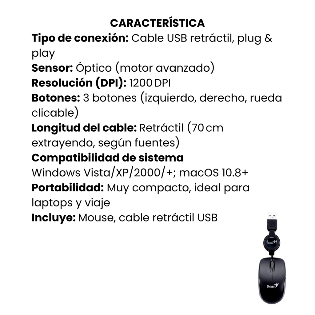 Mouse Genius, con entrada USB, optico retractil negro