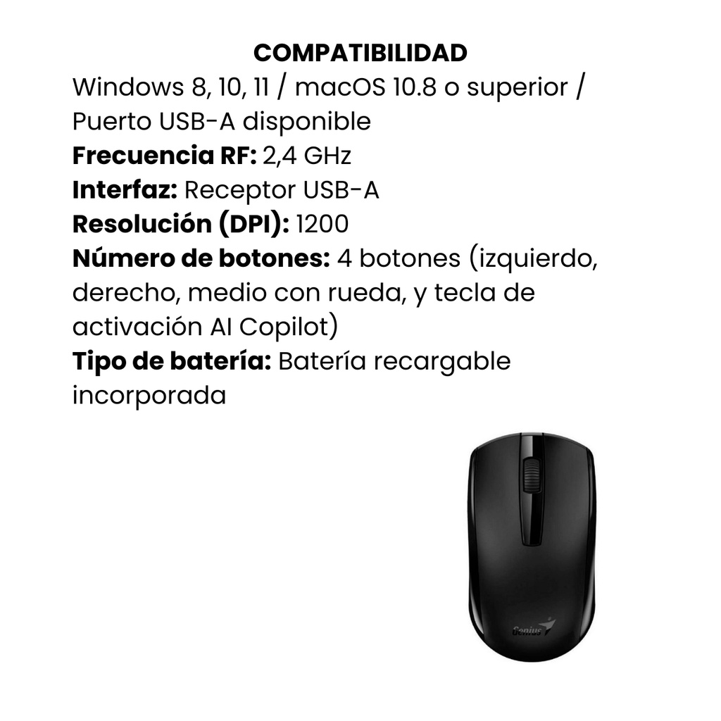 Mouse Inalámbrico Genius Eco-8100e Cologico/recargable.