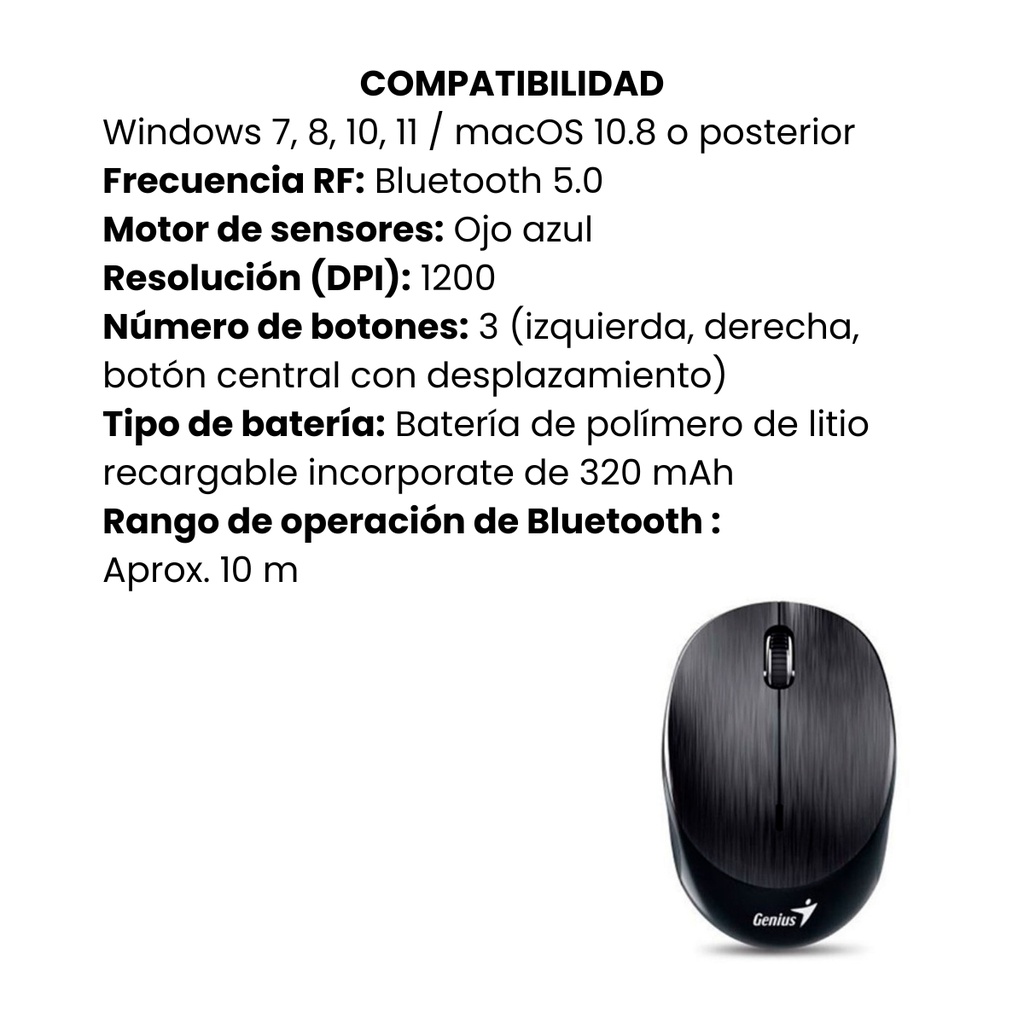 Mouse Genius Bluetooth 4.0, recargable NX-9000BT iron gray