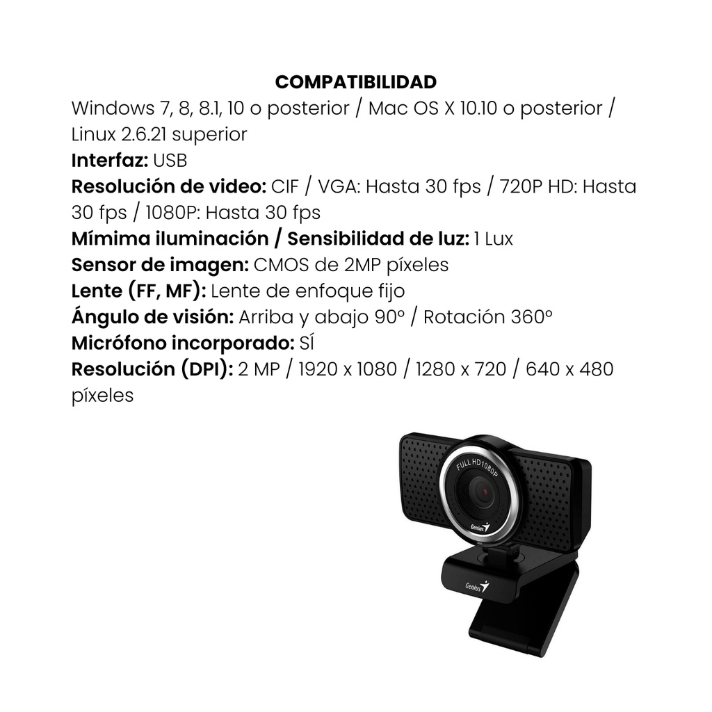 Cámara Web Genius Ecam 8000 USB - Negro