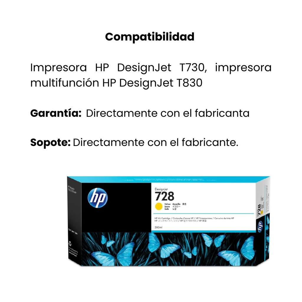 Cartucho Original De Tinta Hp 728 Amarillo, 300ml