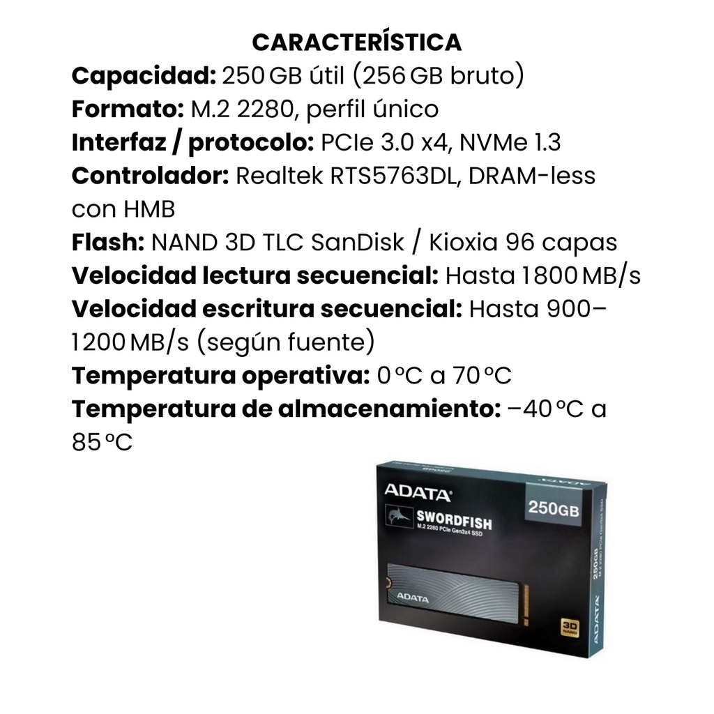 Unidad de Estado Solido Adata PCIE 250GB Swordfish