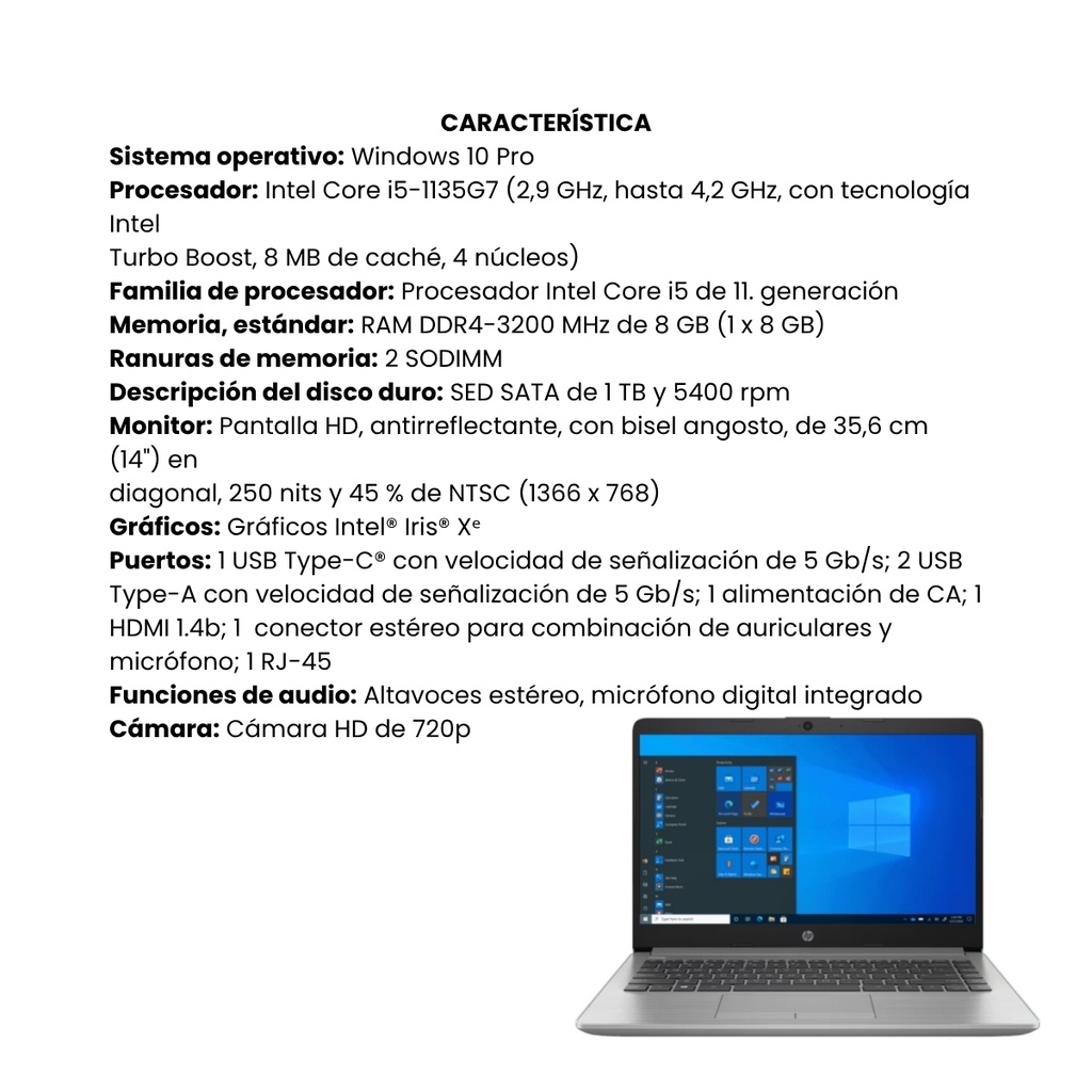 Portátil HP 240 G8, 14", Windows 10 Pro, Intel® Core™ i5, 8GB RAM, 1000GB Unidad De Disco Duro, HD - Plateado