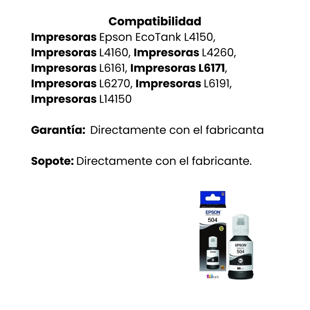 Botella Original De Tinta Epson 504 Negro, 7.500 Páginas, 120 Ml