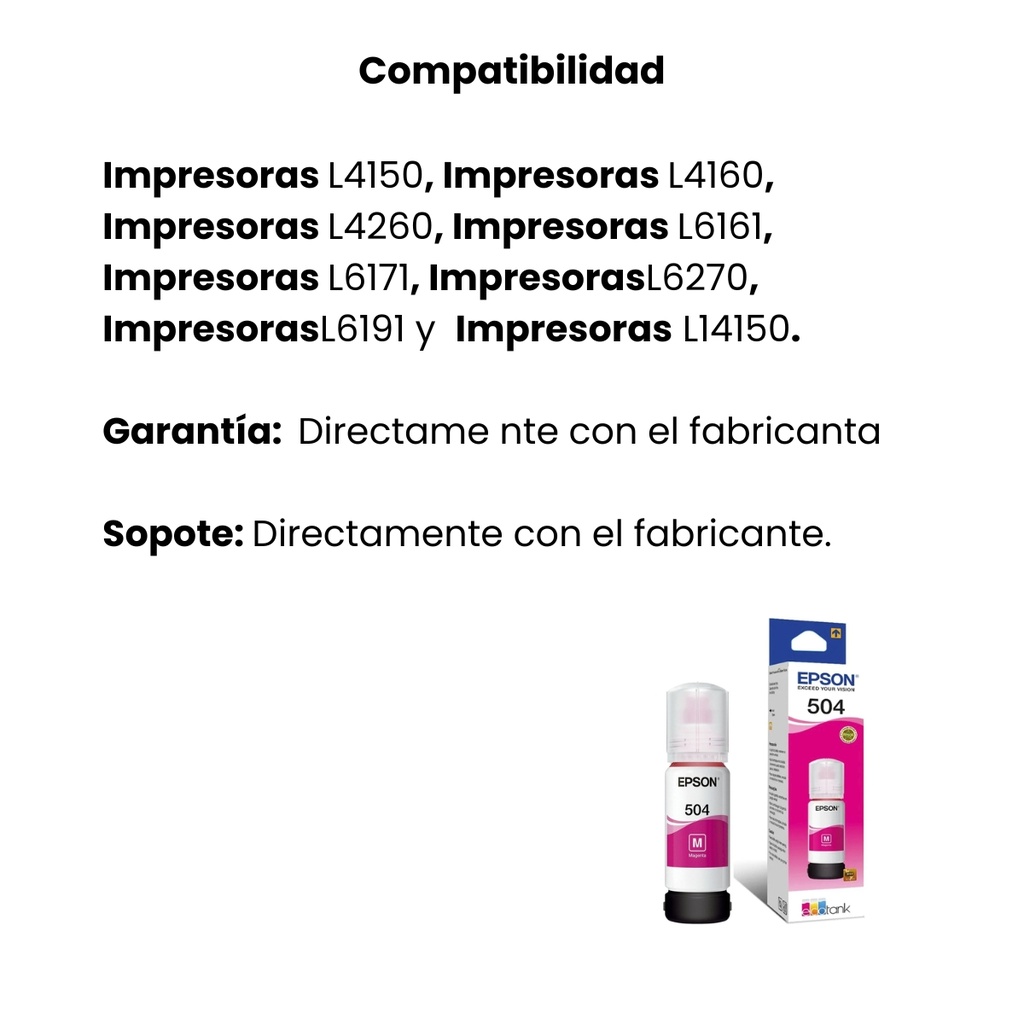 Botella Original De Tinta Epson 504 Magenta, 6.000 Páginas, 70 ml