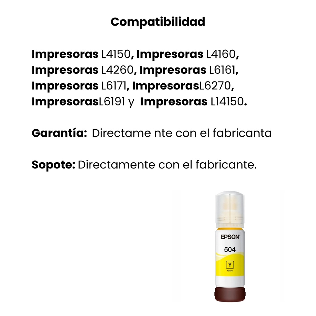 Botella Original De Tinta Epson 504 Amarillo, 6.000 Páginas, 70 ml