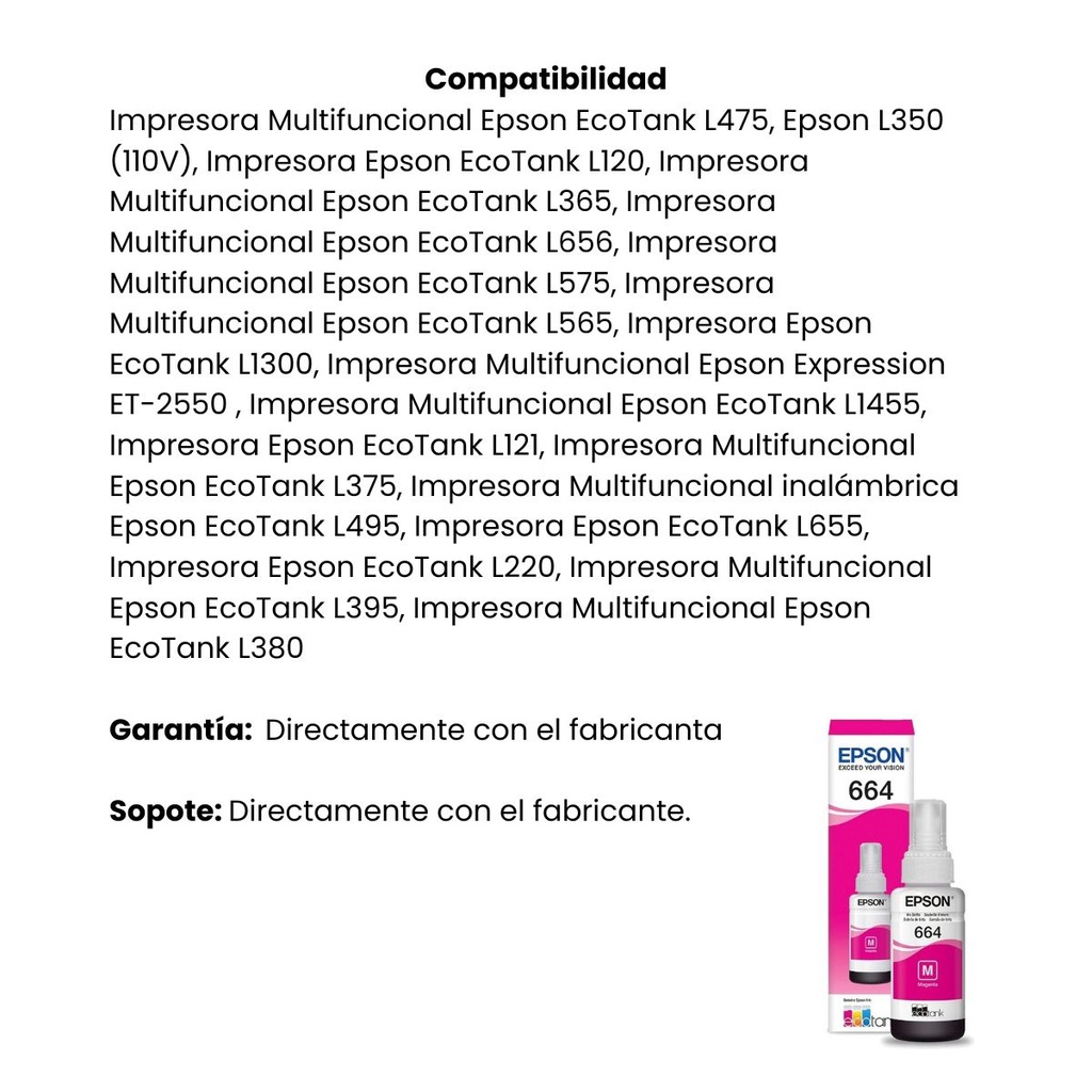 Botella Original De Tinta Epson 664 Magenta, 7.500 Páginas, 70 ml