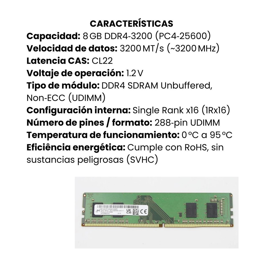 Memoria Micron DDR4 8GB Udimm MTA4ATF1G64AZ-3G2E1