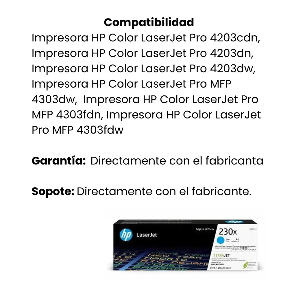 Cartucho Original De Tóner Hp 230X Alto Rendimiento Cian, 5.500 Páginas
