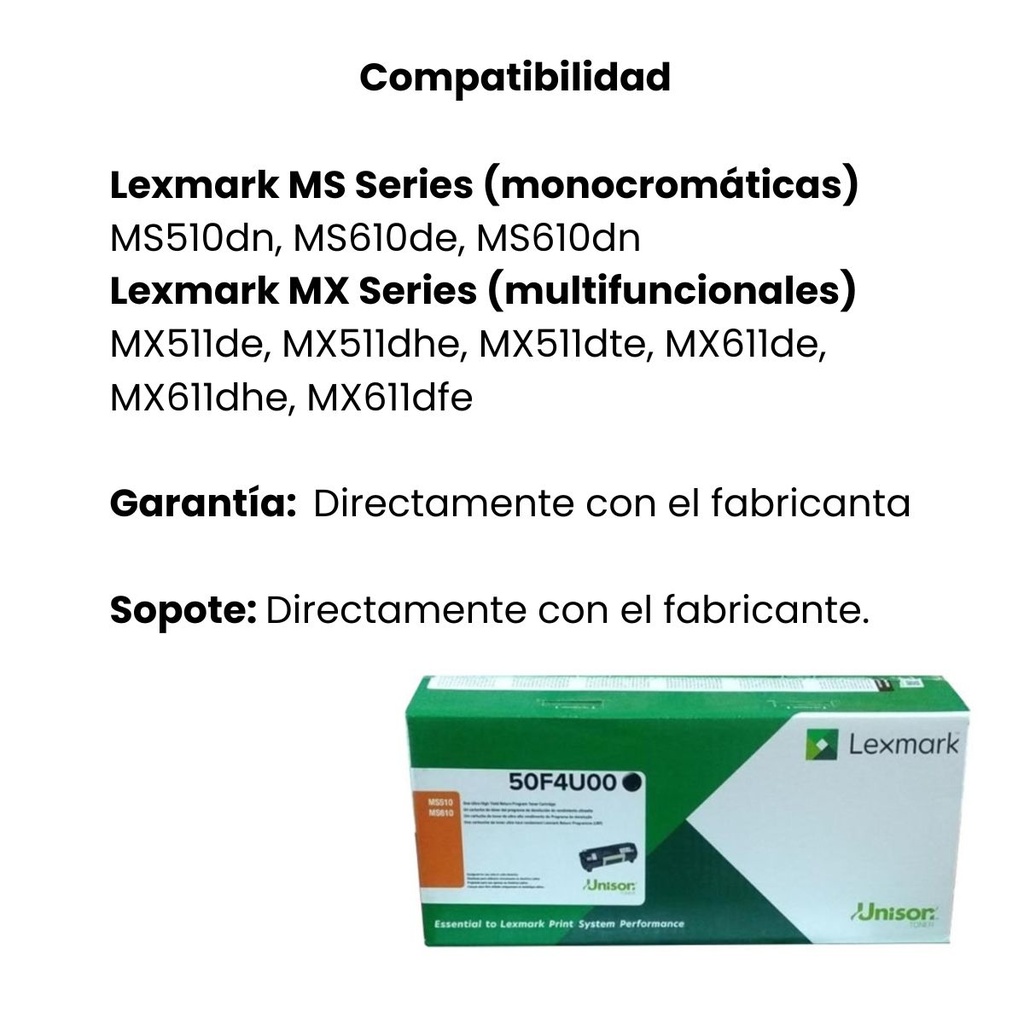 Cartucho Original De Tóner Lexmark 50F4U00 Negro, 20.000 Páginas