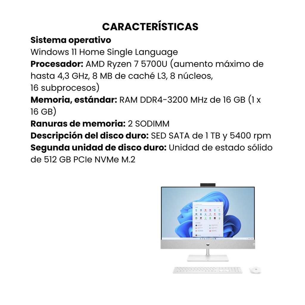 Computador Hp All-in-one Pavilion 27-ca0005la AMDRyzen 7 16GB RAM HDD 1TB W11 Home