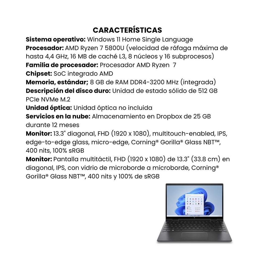 Portatil HP ENVY x360 13-ay1004la AMD Ryzen 7 5800U 8GB RAM SSD 512 W11 Home