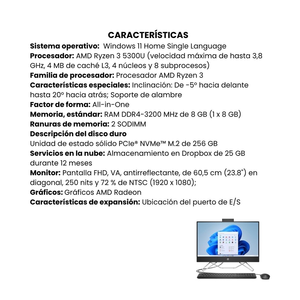 Computador HP All-in-One 24-cb0008la AMD Ryzen 3 8GB RAM SSD 256 W11 Home