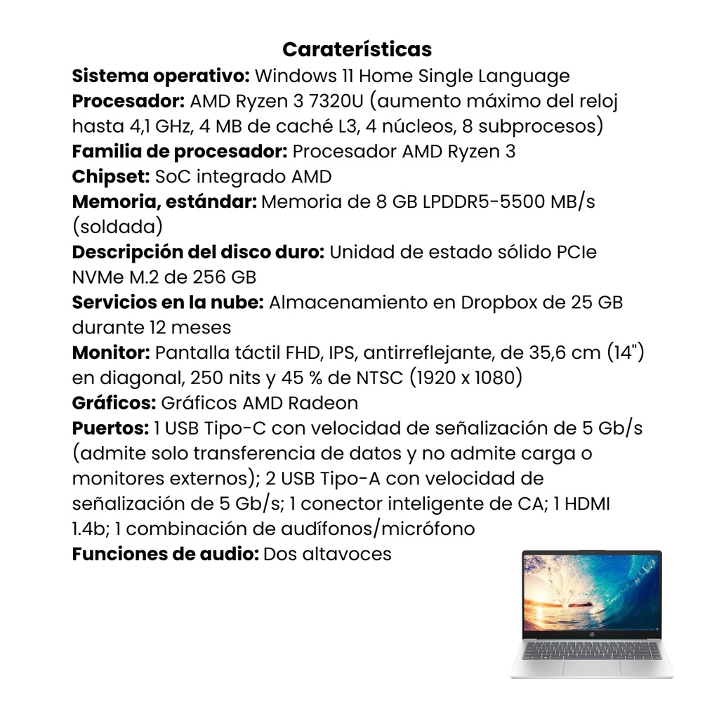 Portátil HP 14em0001la Ryzen 3 7320u SSD 256 RAM 8GB W11 Home Gris
