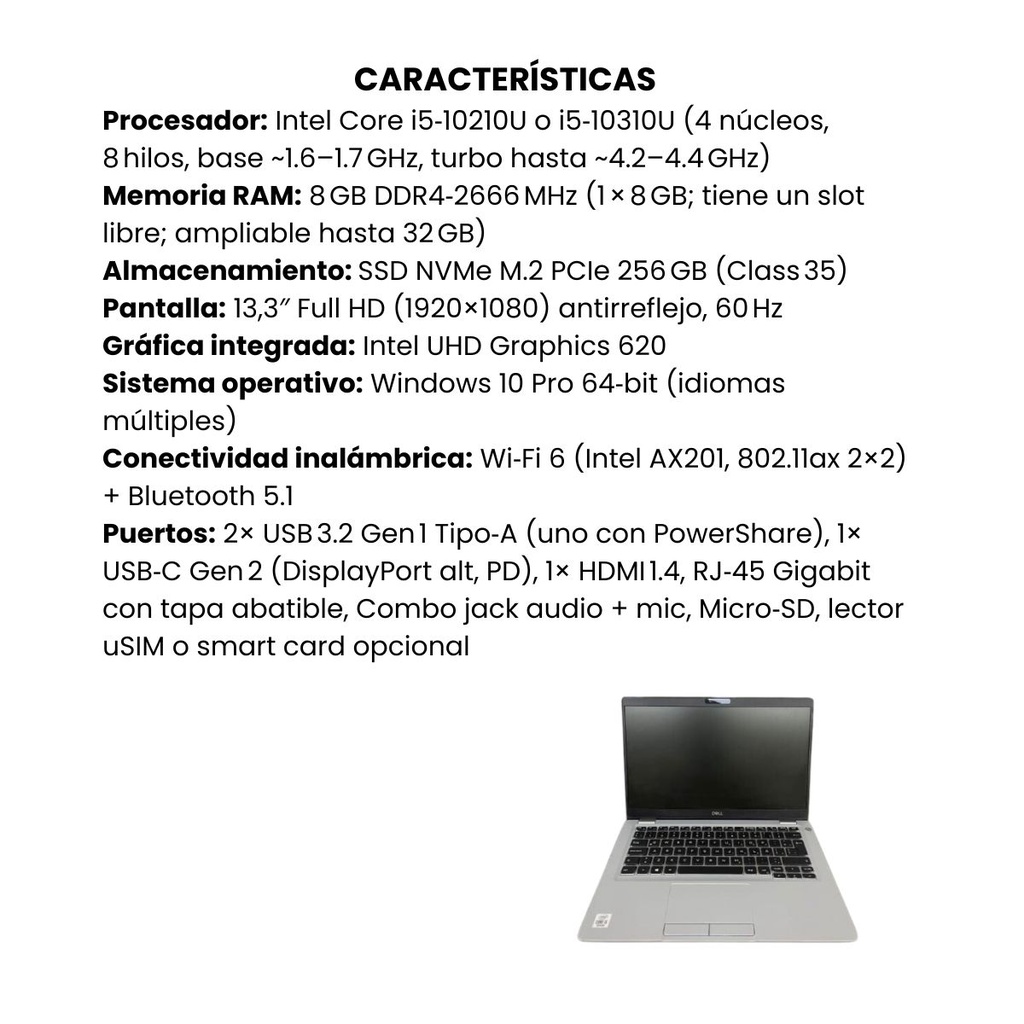 Portátil Usado Dell 5310 IntelCore I5 10ª Gen RAM 8GB SSD 256, NO DVD, 13,3" Win Pro