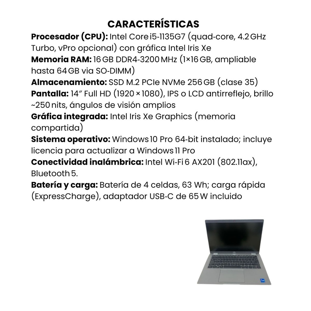 Portátil Usado Dell 5420 IntelCore I5  11ª Gen RAM 16GB SSD 240GB , NO DVD, 14", W11Pro