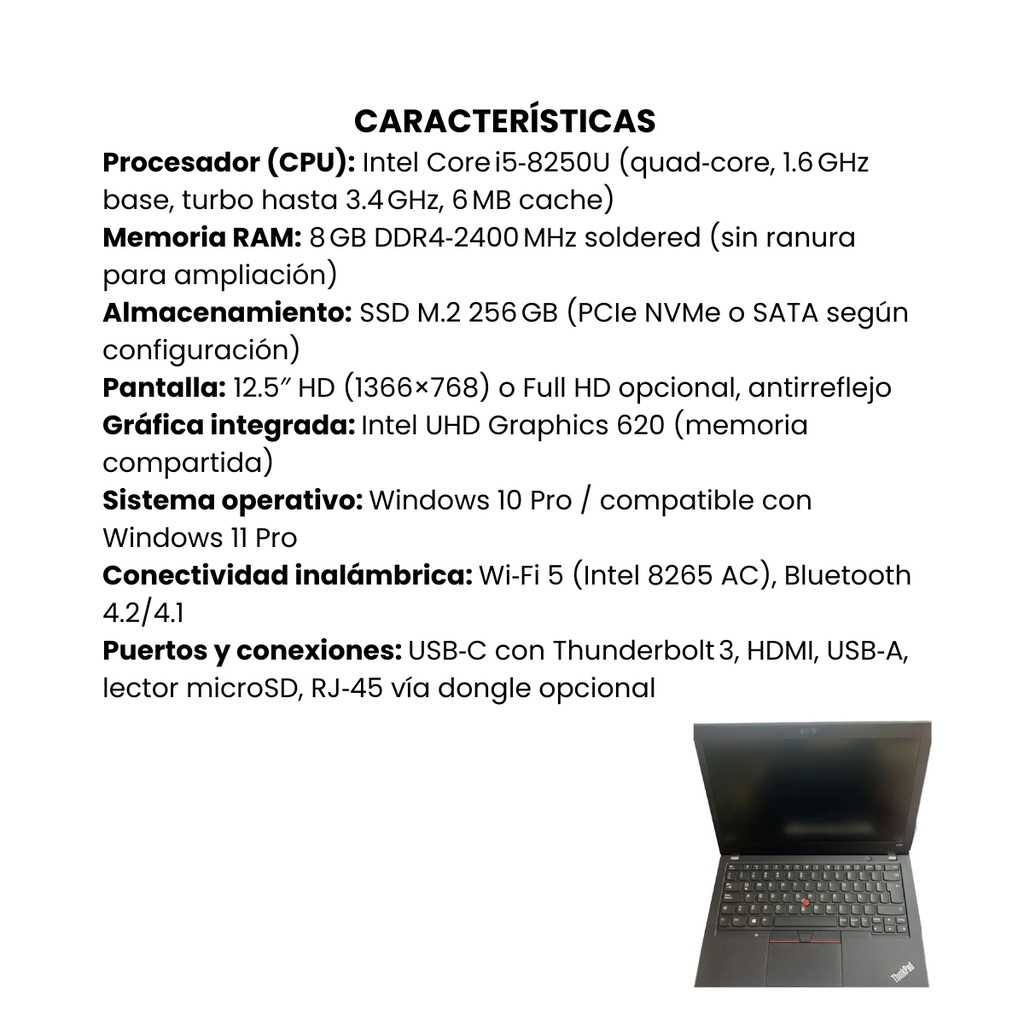 Portátil Usado Lenovo X280 IntelCore i5-8250U RAM 8GB SSD 240GB, 12,5” Sin DVD W Pro
