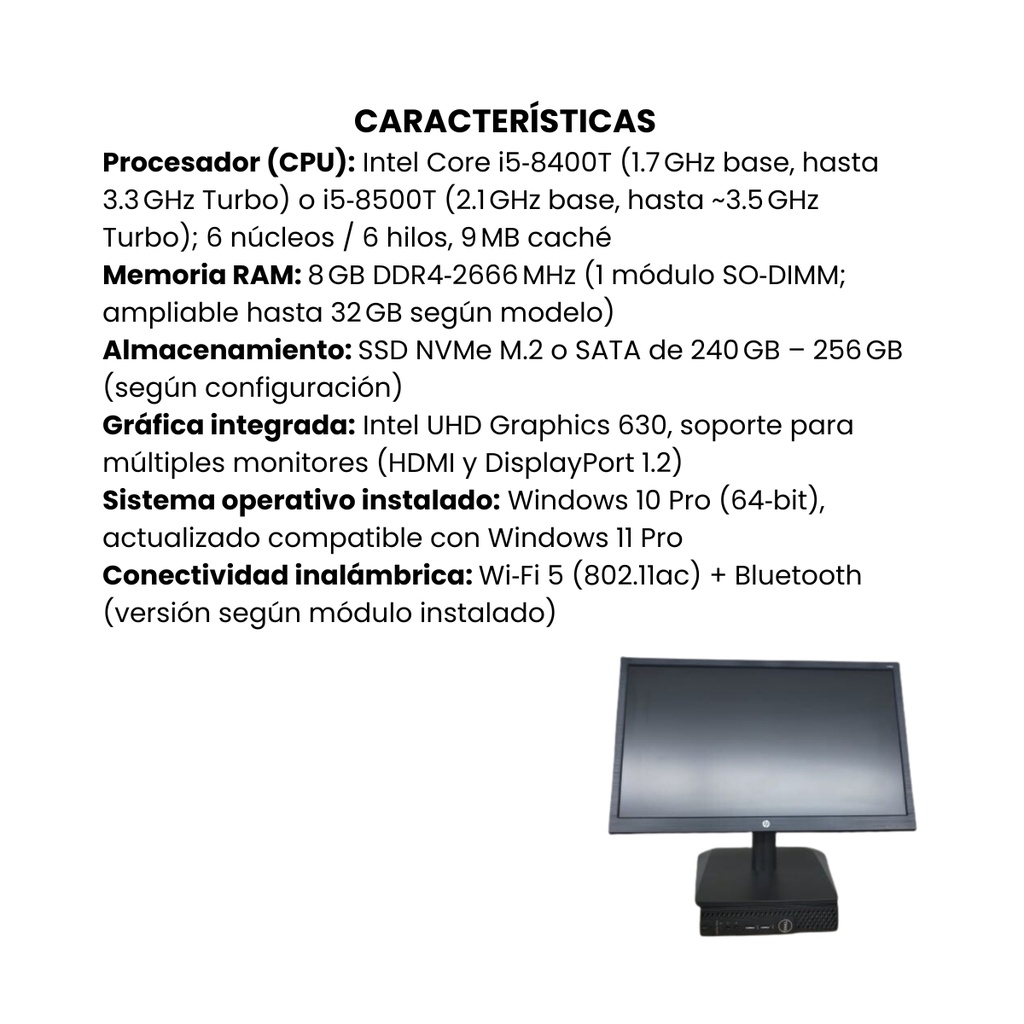 Computador De Escritorio Usado Dell TINY IntelCore I5 8ª RAM 8GB SSD 240GB Monitor 19"