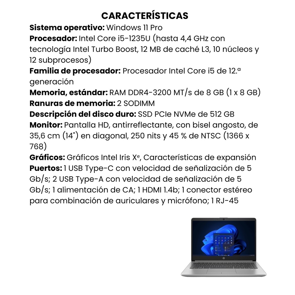 Portátil HP 240 G9 Intel Core i5-1235U  RAM 8GB SSD 512GB W11 Pro Plateado