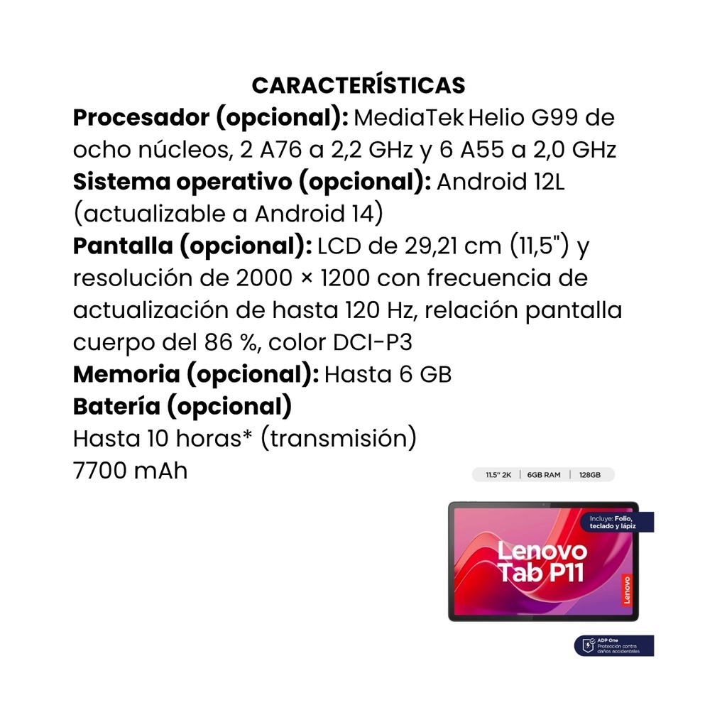 Tablet Portatil Lenovo P11 TB350FU (2nd ge) 11,5 Pulgadas 2K con WIFI, 6GB RAM + Almacenamiento 128GB + Teclado y Lápiz Gris