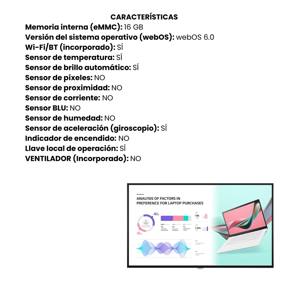 Monitor Profesional 65” 4K UHD WebOS 500 nits WiFi Antirreflejo