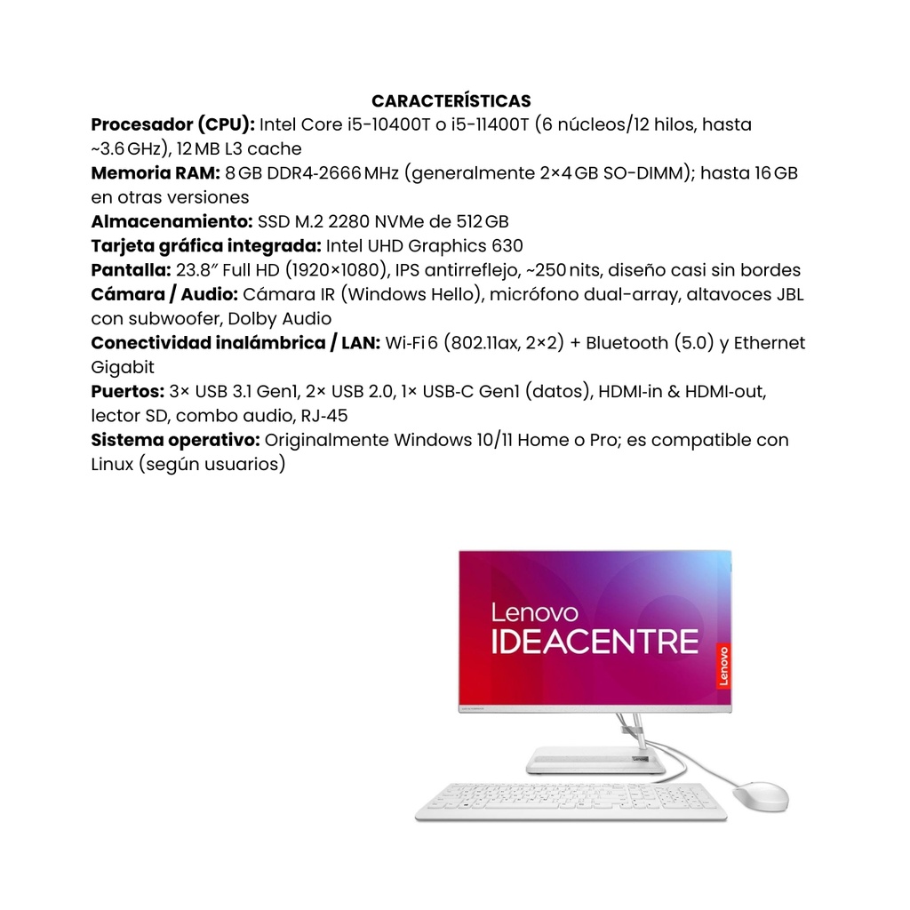 Lenovo IdeaCentre AIO 24" - i5, 8GB RAM, 512GB SSD (Linux)