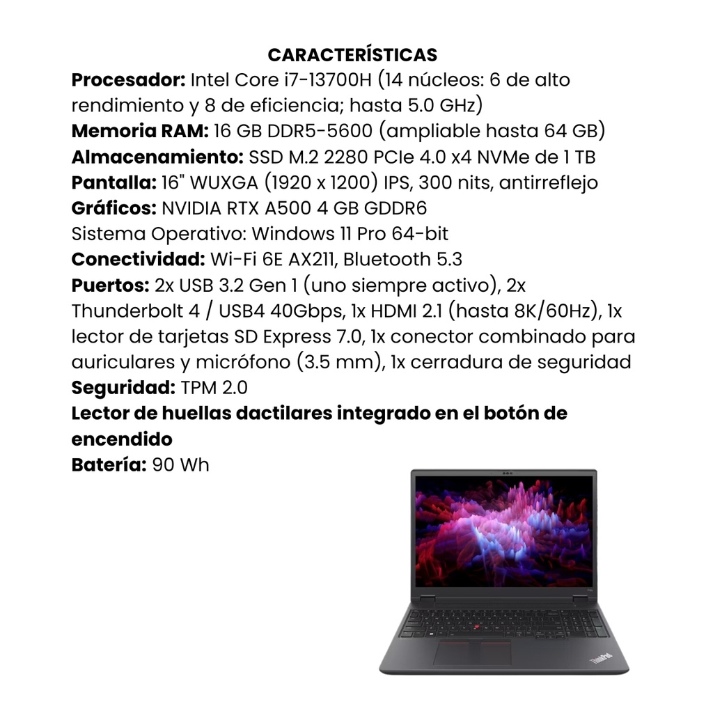 Portátil Workstation Lenovo Thinkpad P16v G1 Intel Core i7 RAM 16GB SSD 1TB W11 Pro Negro