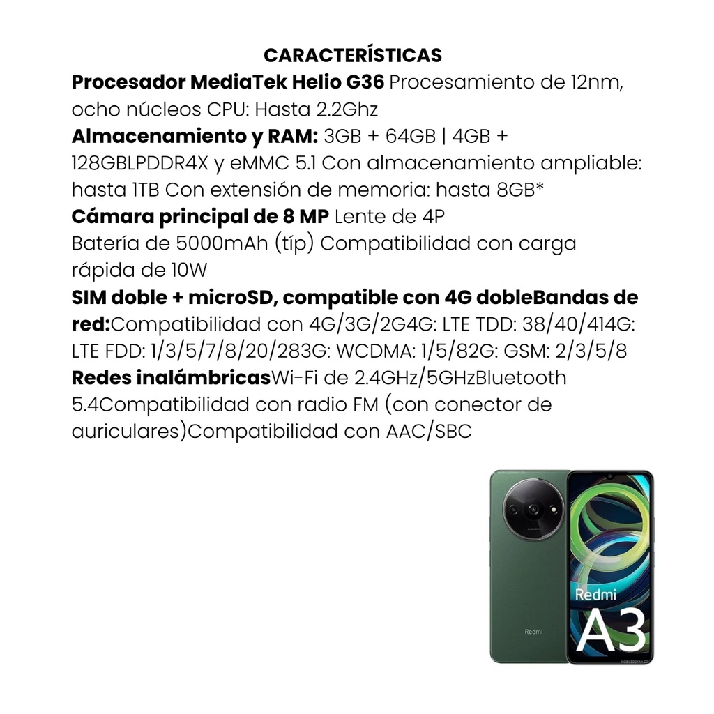 Celular Xiaomi Redmi A3 Forest Green 3GB + 64GB (Colombia)