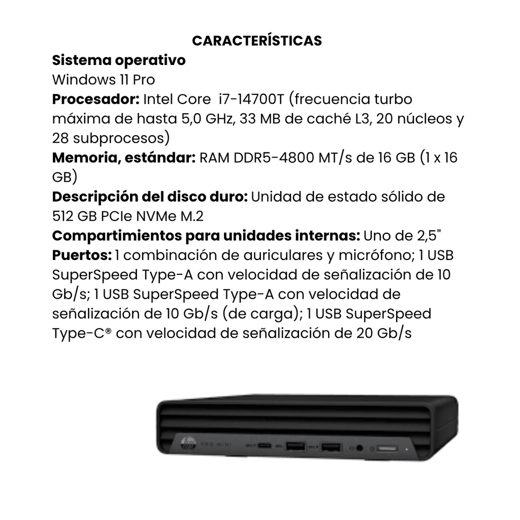 Desktop HP Pro Mini 400 G9 Intel Core i7-14700T 16GB SSD 512GB W11 - Negro